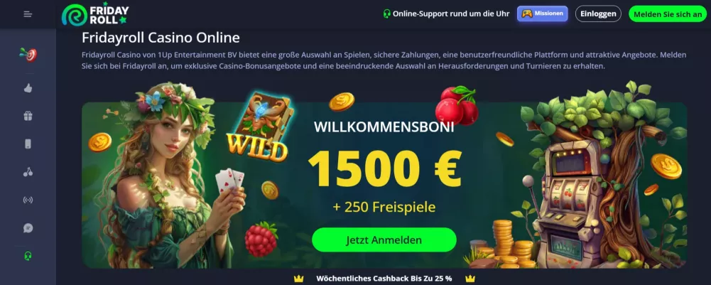 Fridayroll Casino – 1500 € + 150 Freispiele Willkommensbonus für neue Spieler